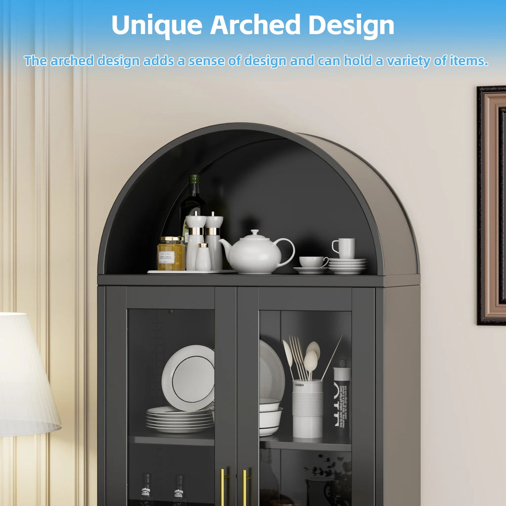 SUPEER Metal Arched Storage Display Cabinet with Glass Doors and Adjustable Shelves, Lockable Cabinet, Assembly Required, Black