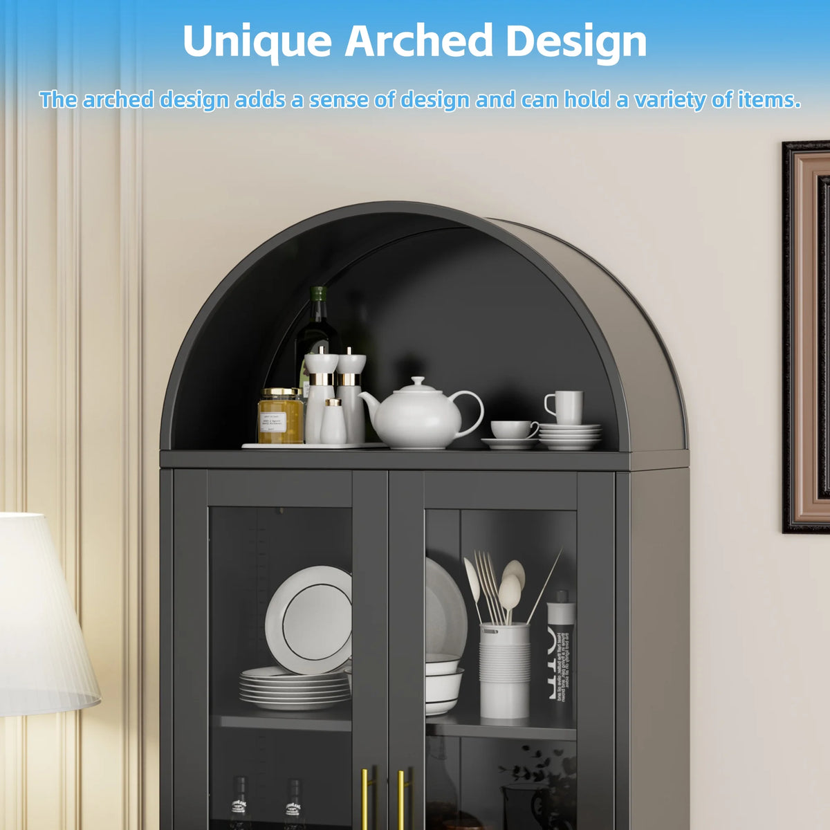 SUPEER Metal Arched Storage Display Cabinet with Glass Doors and Adjustable Shelves, Lockable Cabinet, Assembly Required, Black