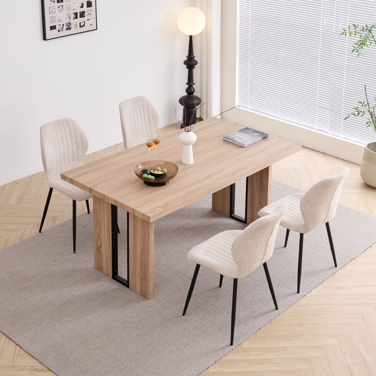 5pcs Rectangle Dining Table Chairs Set for 4, 63" Farmhouse Wood Kitchen Table with 4 Upholstered Mid Century Modern Boucle Chairs for Dinner, Living Dining Room, Apartment, Beige