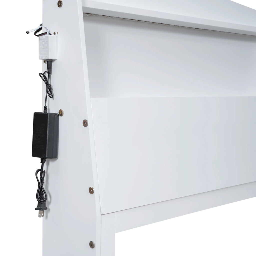 Euroco Wood Twin Size Platform Bed with Storage Headboard, Drawers Trundle and LED Light, White