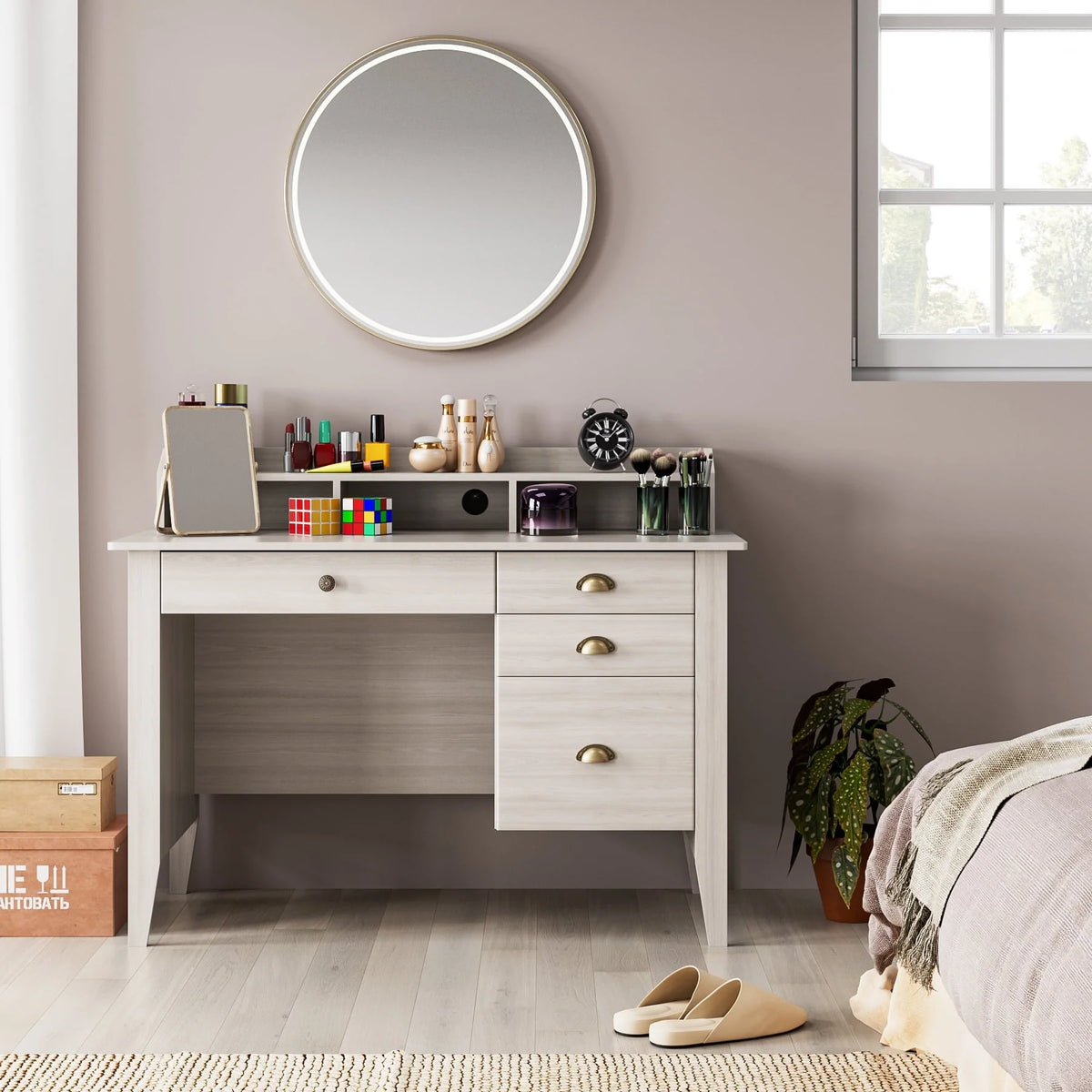 Homfa 47 in Computer Desk, Home Office Writing Table with 4 Drawers and Hutch Shelf, Sturdy Desk with Spacious Desktop, Oak White Finish