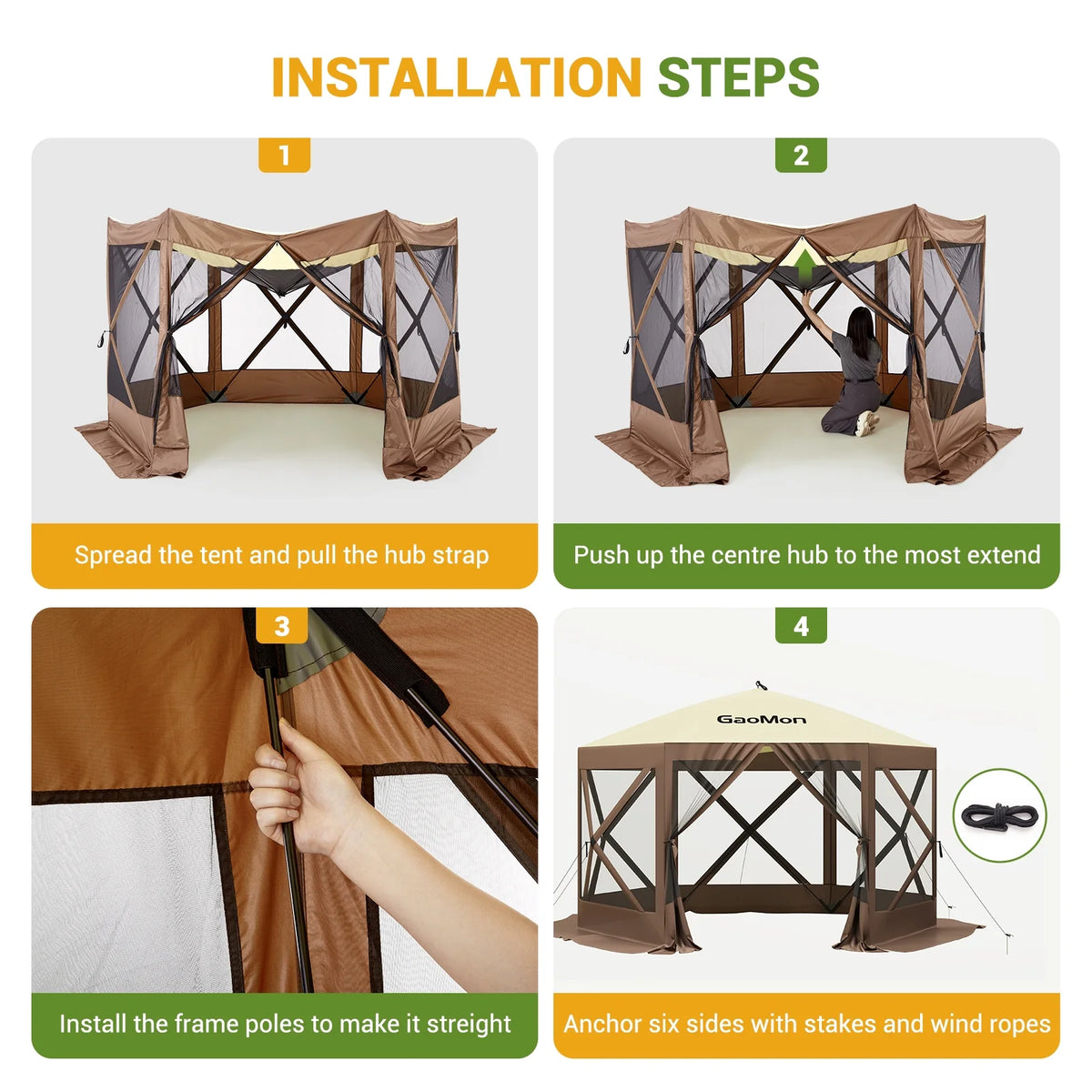 Pop Up Gazebo,Portable Outdoor Camping Canopy Screen Tent With Waterproof 6 Sidewalls&Mosquito Netting,Easy Up Windproof & Waterproof Party Tent For Lawn Garden Backyard,Grey/Brown