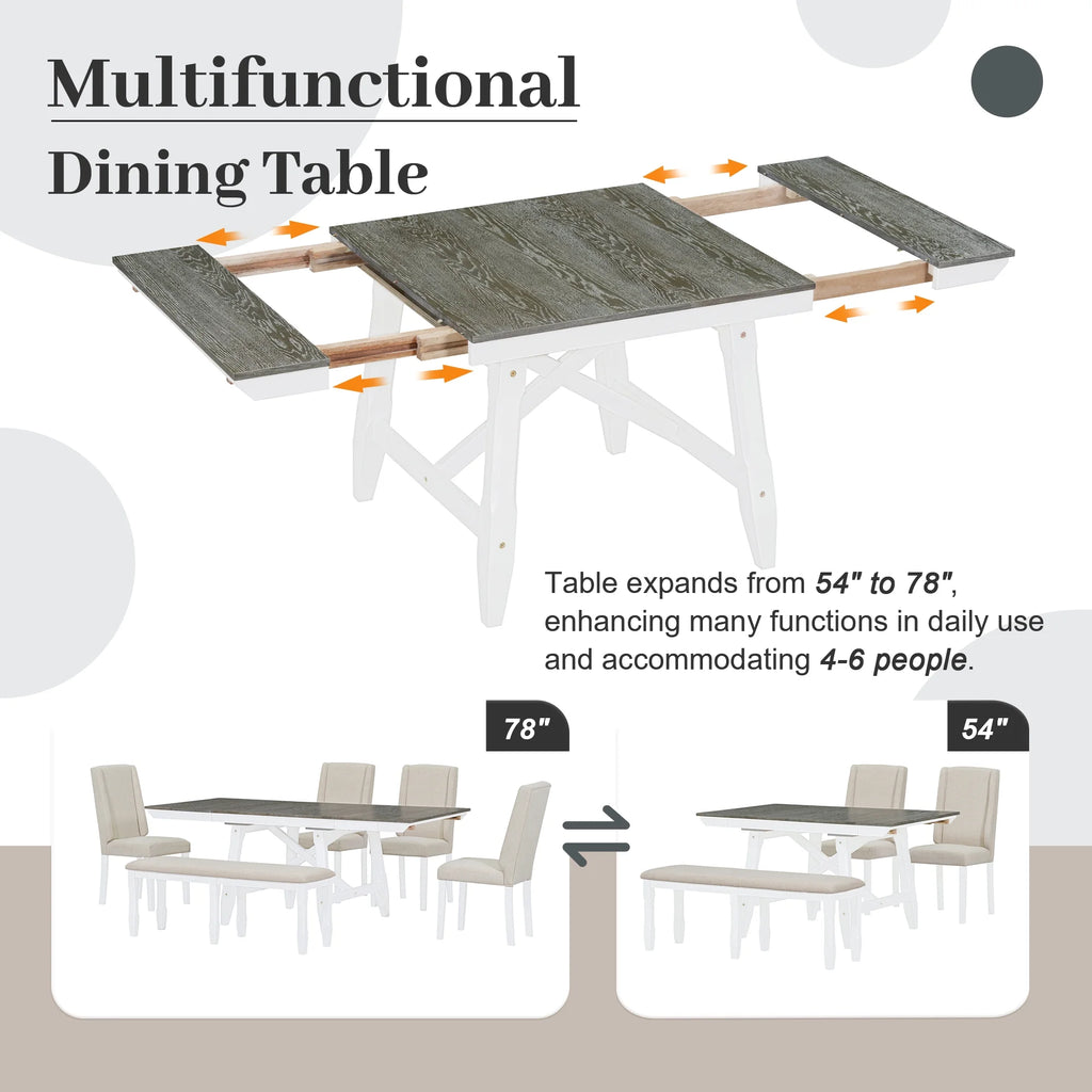 6 Piece Extendable Dining Table Set, Atumon Wood Dining Room Set for 6, Dining Table Set with 4 Beige Cushioned Chairs and Bench, Farmhouse Dining Table Set Furniture for Kitchen Dining Room, Natural