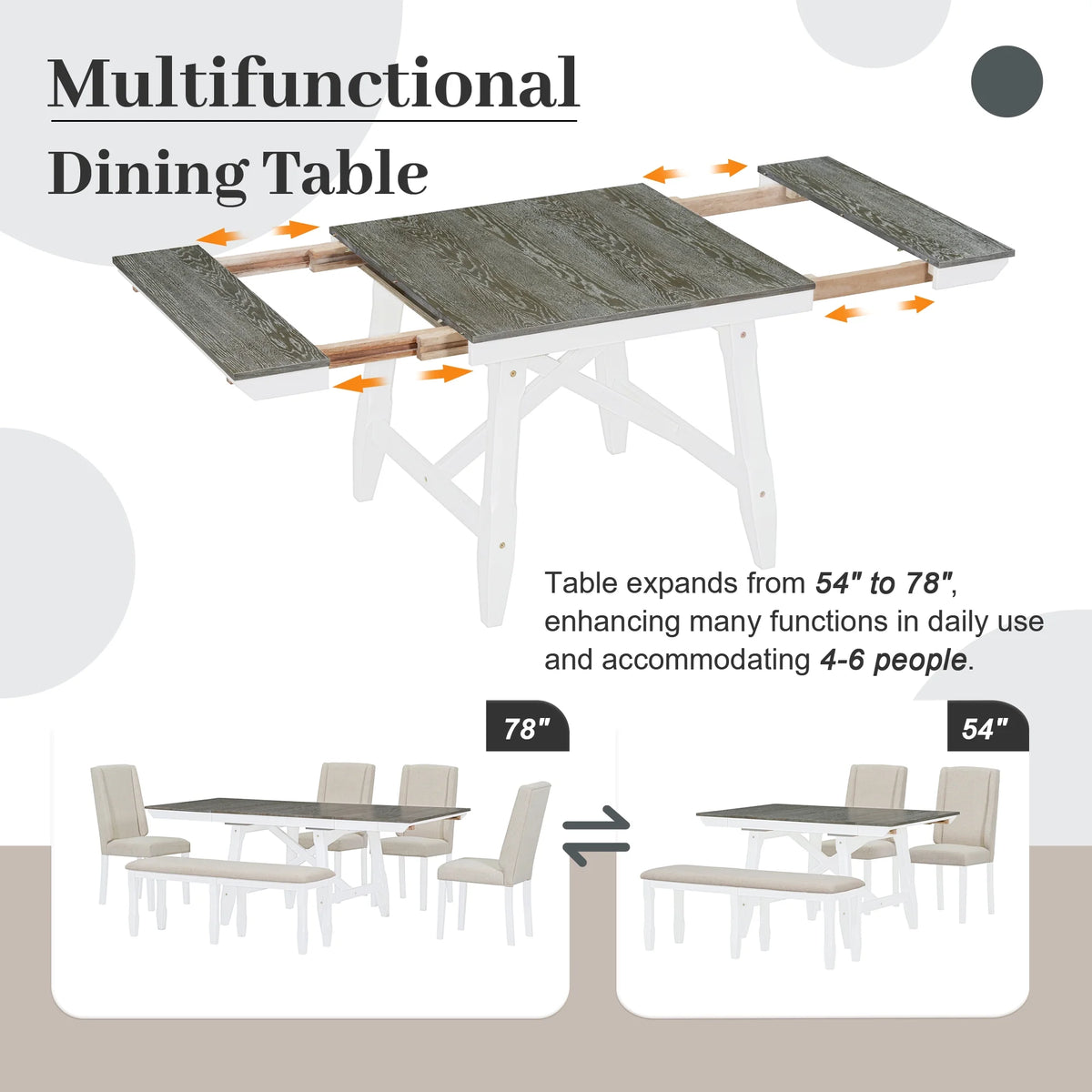 6 Piece Extendable Dining Table Set, Atumon Wood Dining Room Set for 6, Dining Table Set with 4 Beige Cushioned Chairs and Bench, Farmhouse Dining Table Set Furniture for Kitchen Dining Room, Natural