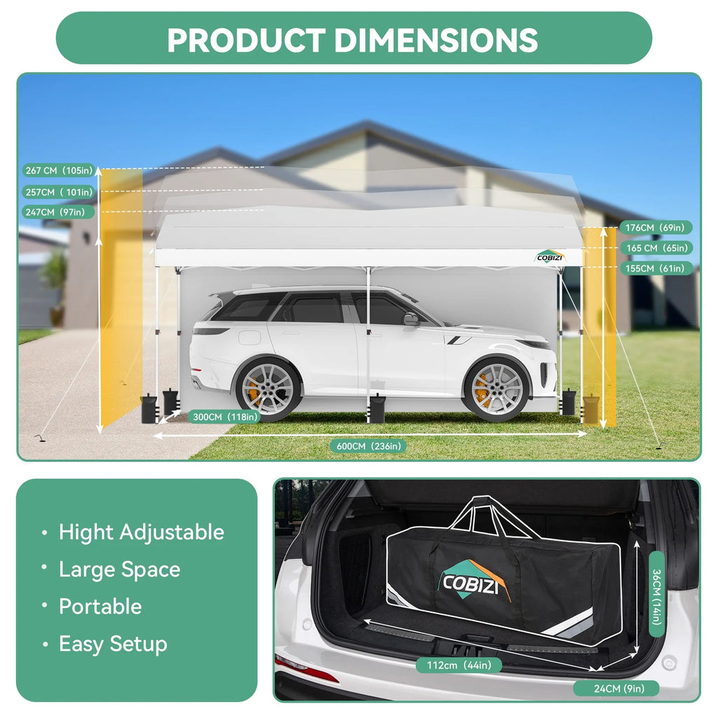 Hoteel Carport Canopy 10x20 Pop Up Shelter with Instant 1-Button Push Center Lock, UV Resistant All-Weather Cover with 2 Sidewalls, Heavy Duty Waterproof Canopy Tent for Cars, Trucks, Boats, White
