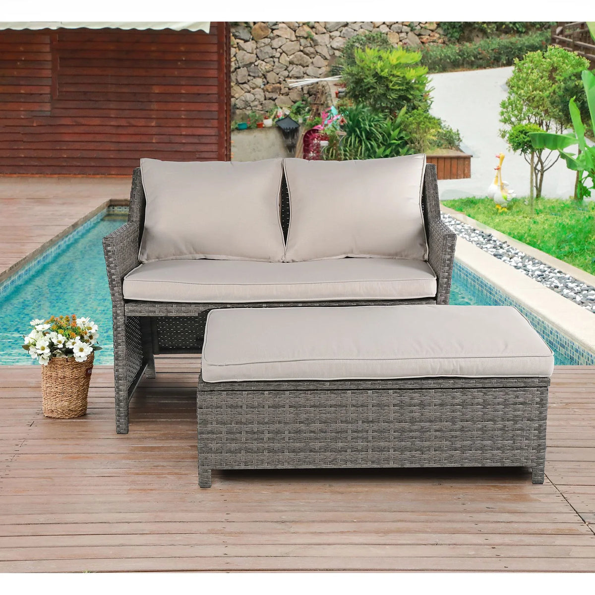 Outdoor Wicker Love Seat and Coffee Table Set, Weather Resistant Grey Rattan, Patio Furniture with Gray Cushions & Storage Bin