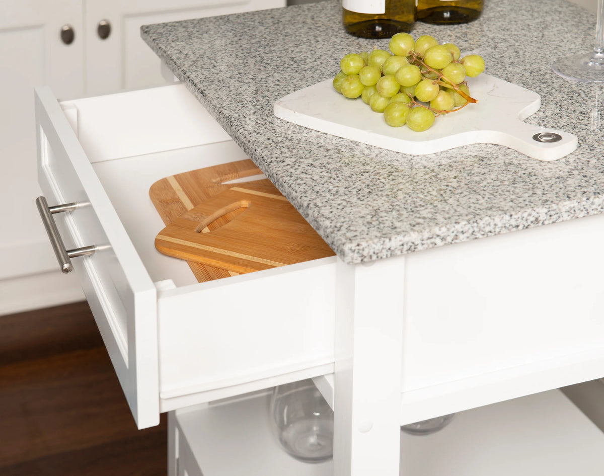Linon Monett 2-Tier Mobile Serving Cart with Gray Granite Top, 27.75" Length, White