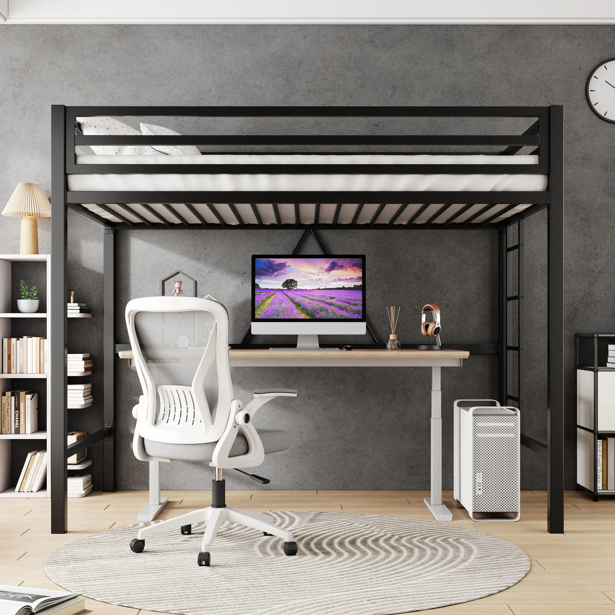 Amolife Twin Size Heavy Duty Metal Loft Bed with Removable Ladder & Full-Length Guardrail, Black