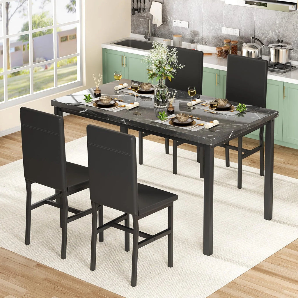 AWQM Dining Table Set of 4, Faux Marble 5 Piece Dining Room Table Set with PU Leather Chairs, Rectangular Kitchen Table Set for Apartment, Dining, White