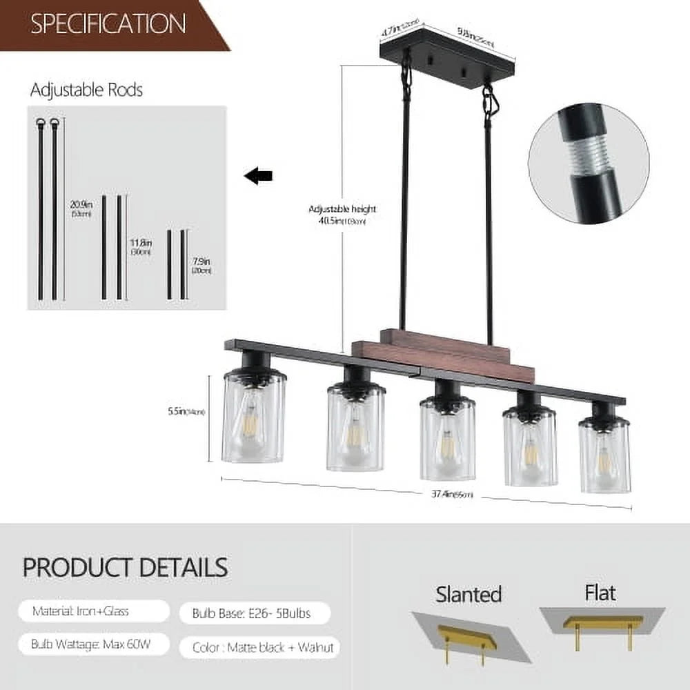 ACE-LIGHTS,Modern Industrial 5-Light Chandelier with Clear Glass Shades(Bulbs Not Included),Hanging Ceiling Light Fixture for Living Room,Dining Room,Kitchen Island(Black)