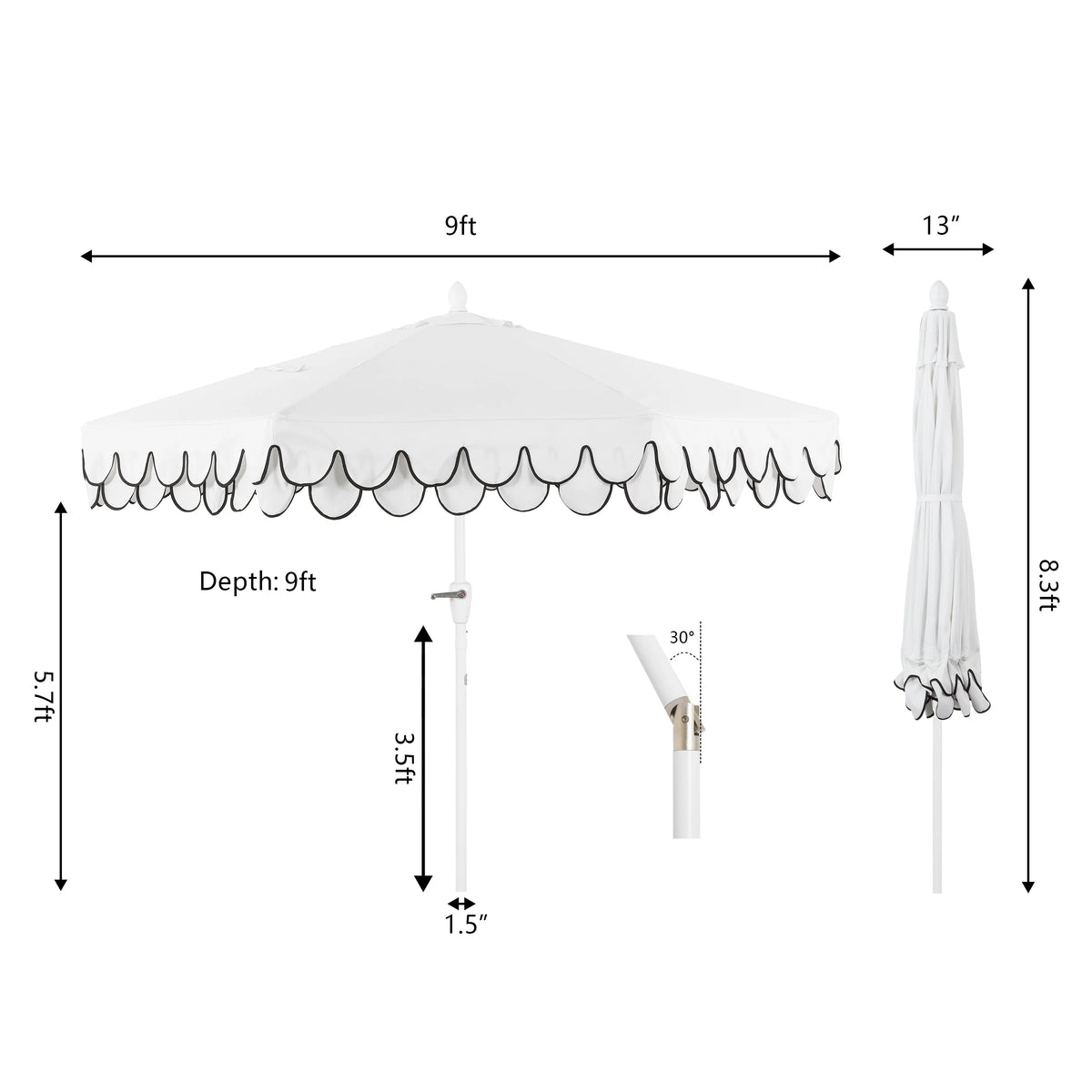 JONATHAN Y Tracy 9 ft. Market Patio Umbrella, Classic Mid-Century Scalloped Fringe, with Auto-Tilt Crank, Wind Vent and UV Protection, Coral Pink/White, Dark Brown Pole