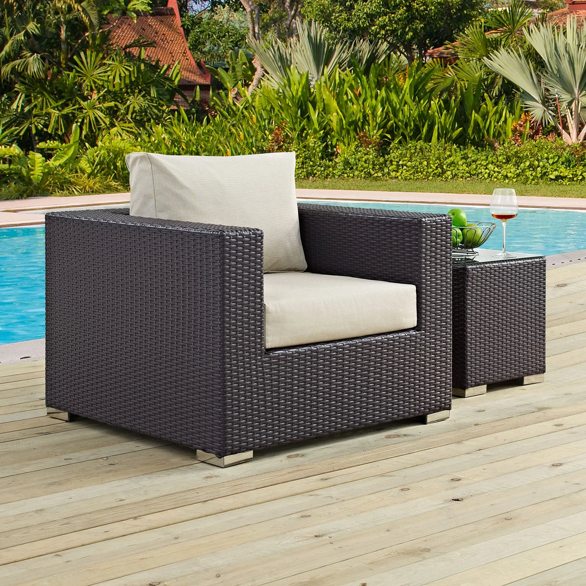 Modern Contemporary Urban Design Outdoor Patio Balcony Lounge Chair, Beige, Rattan