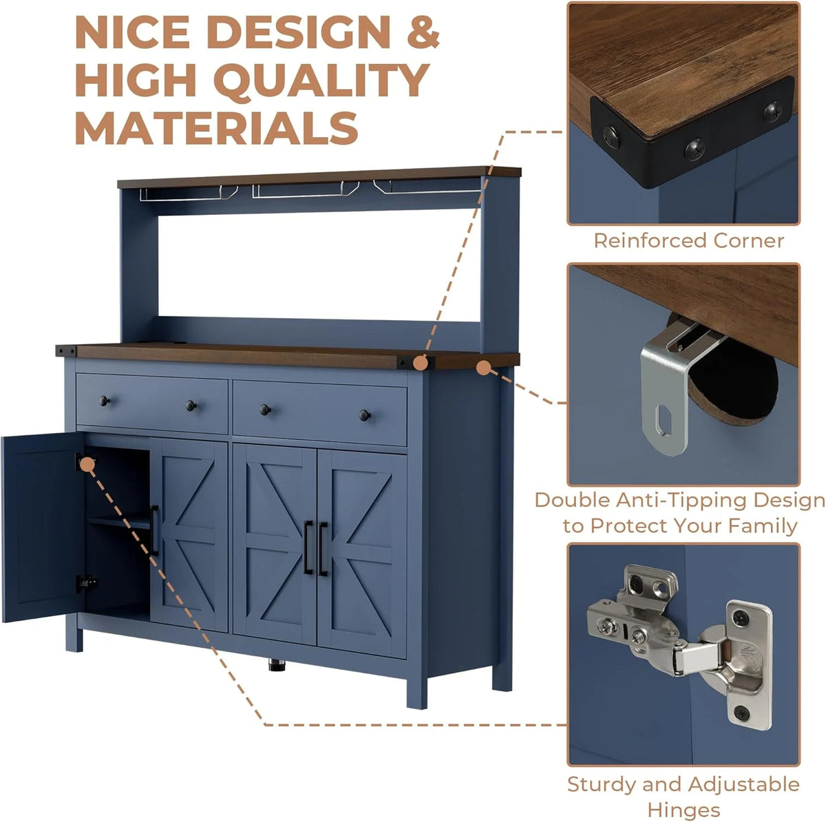 Winkalon Coffee Bar Cabinet with Hutch, 55" W Kitchen Buffet Sideboard Cabinet with 2 Drawers & USB Power Station, Black