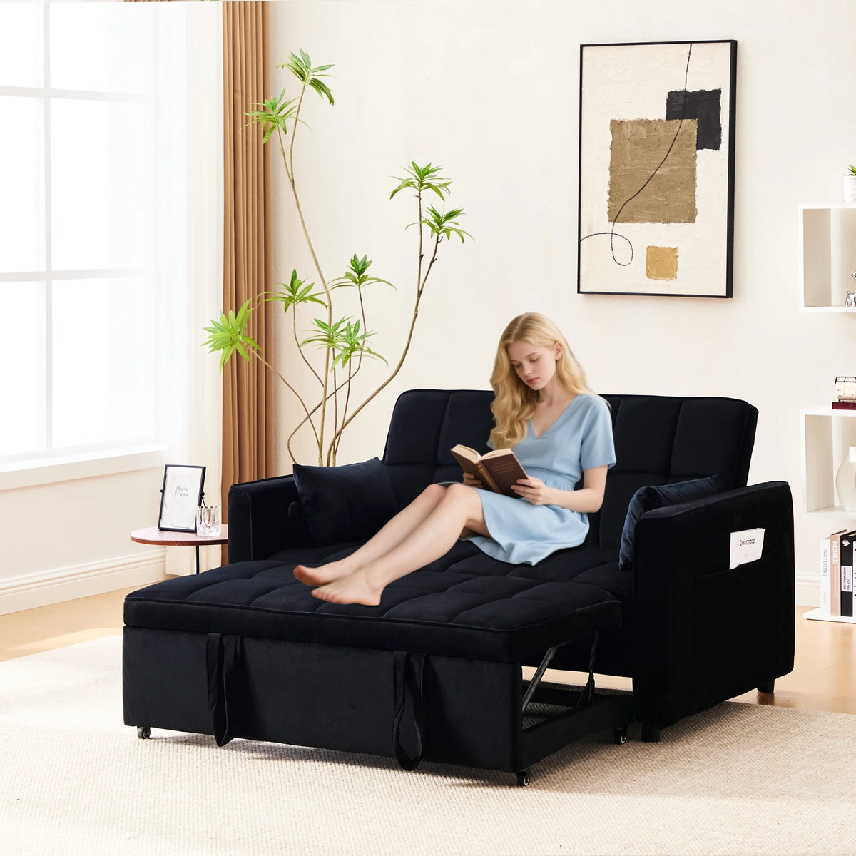 BINBANK Black Velvet 3-in-1 Convertible Sleeper Sofa Bed a?? USB Charging, Adjustable Backrest Pull-Out Futon Loveseat Couch for Living Room, Apartment & Small Space