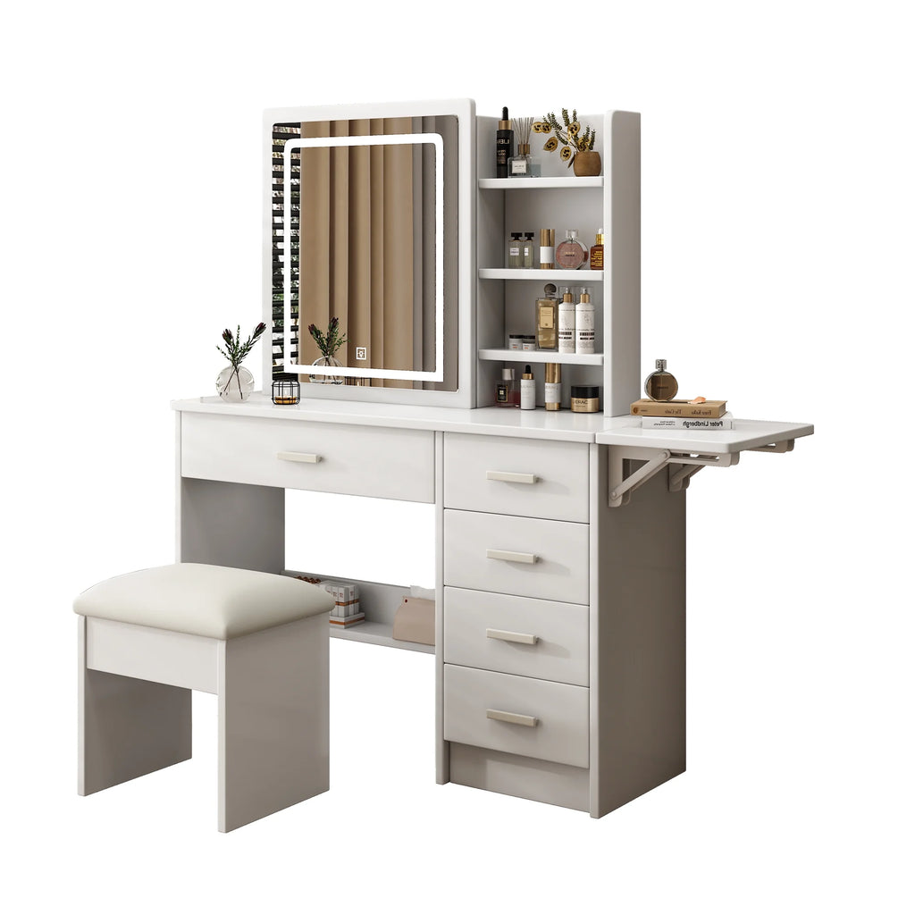 Montary Modern Mini Vanity w/Adjustable LED Mirror + Hidden Storage, Padded Stool & Dustproof Shelves (White)