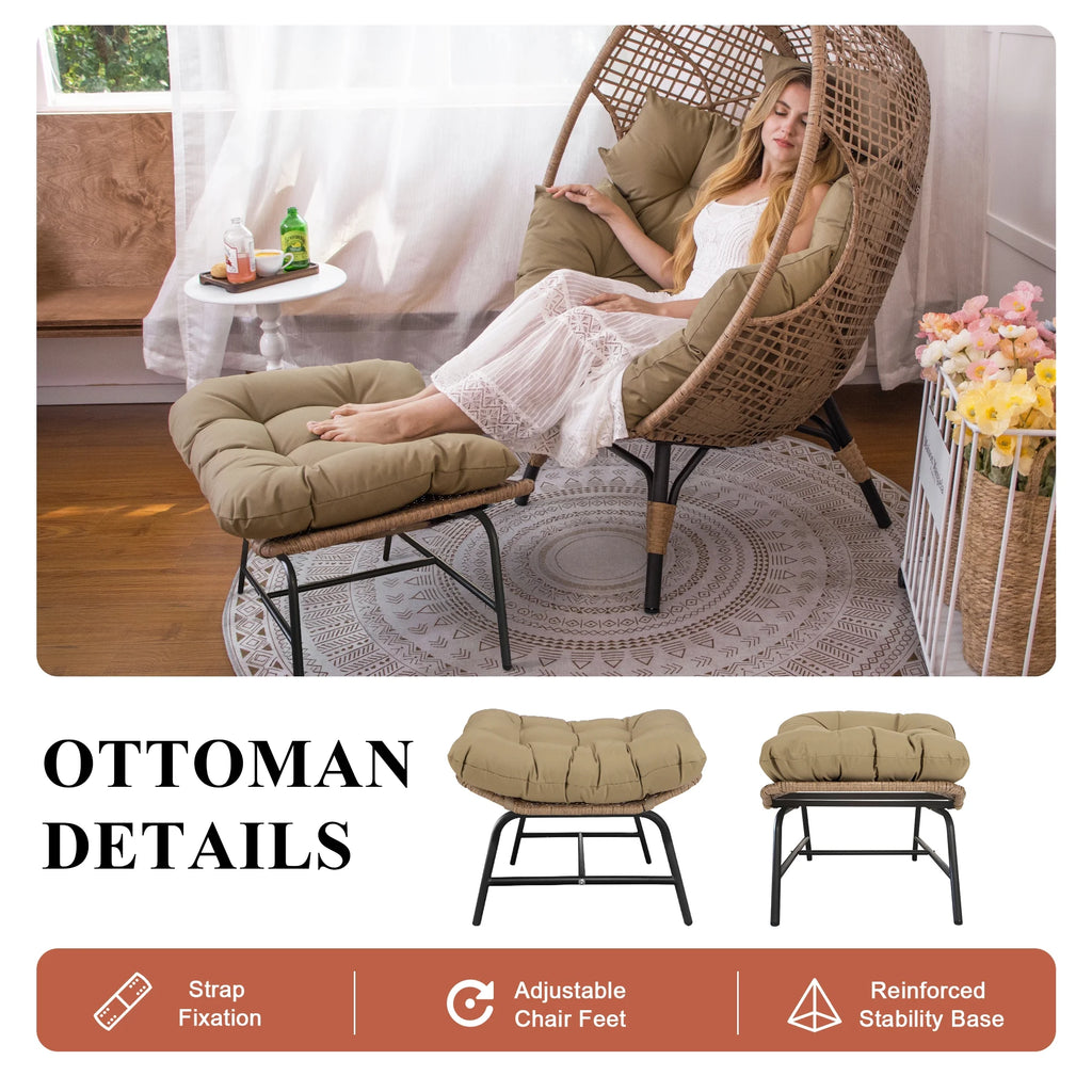 RADIATA 440 lbs Outdoor Egg Chair with Foot Rest & Ottoman, Wicker Patio Egg Chair for Indoor or Garden,Beige