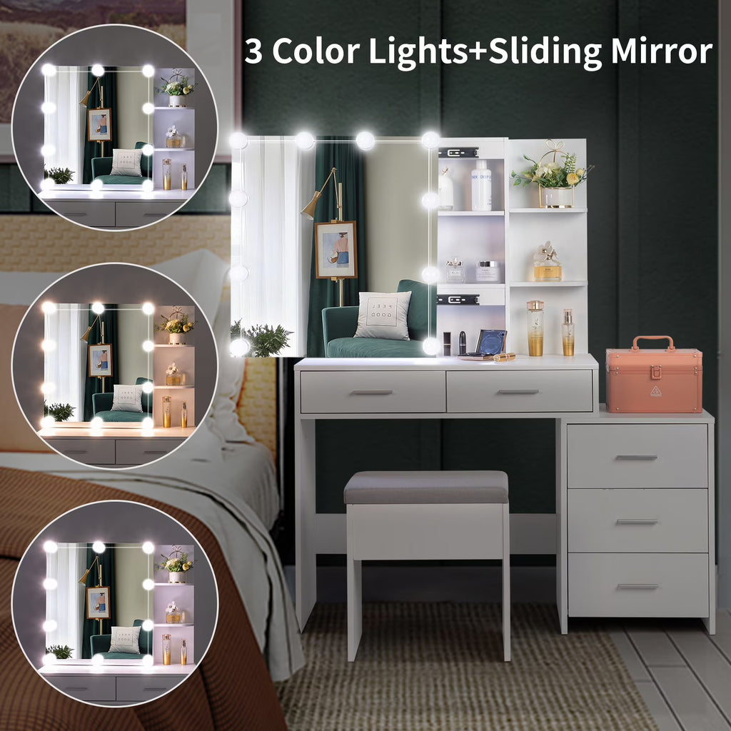 Ktaxon Flutted Makeup Vanity Table Set with 5 Drawer, Dressing Table w/Charging Station, Vanity Desk for Femal Gift, White