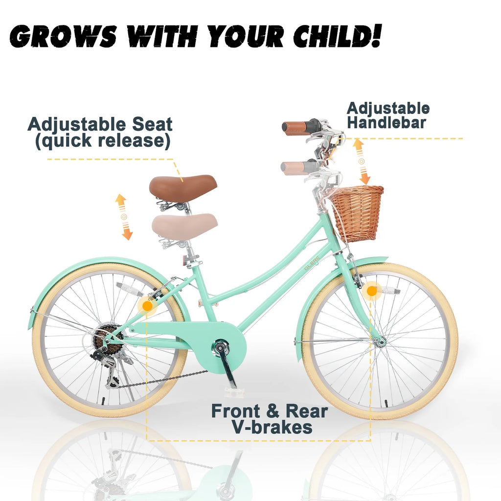 Glerc Missy 24" Girls Cruiser Bike 6-Speed Women's Hybird Bicycle for Ages 7-11 Years, Mint Green