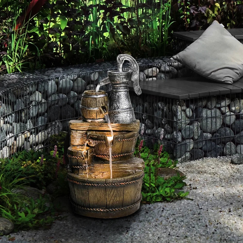 Outdoor Floor Rustic 5-Tiered Barrel and Pump Water Fountain for Garden and Patio Decor