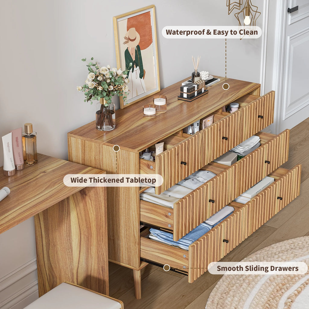 Oubayajia 7 Drawer Double Dresser, Fluted Chest of Drawers, Wood Storage Cabinet for Bedroom, Living Room, Hallway, Walnut