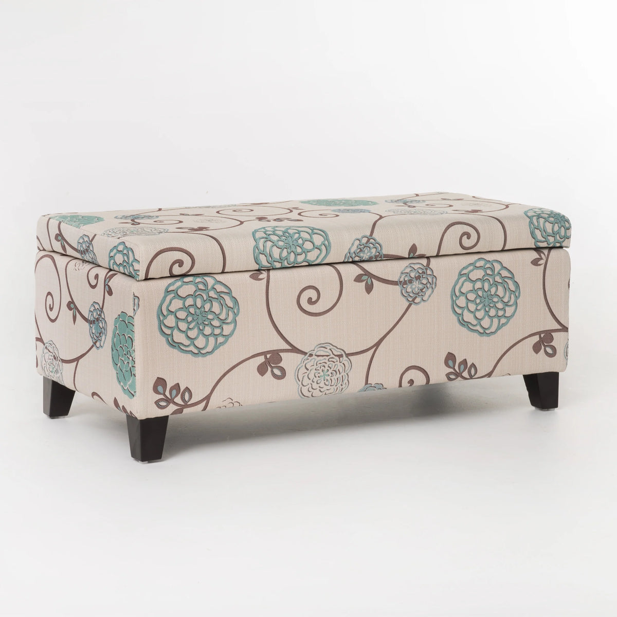 Noble House Hampton Contemporary Fabric Upholstered Storage Ottoman, White and Blue Floral
