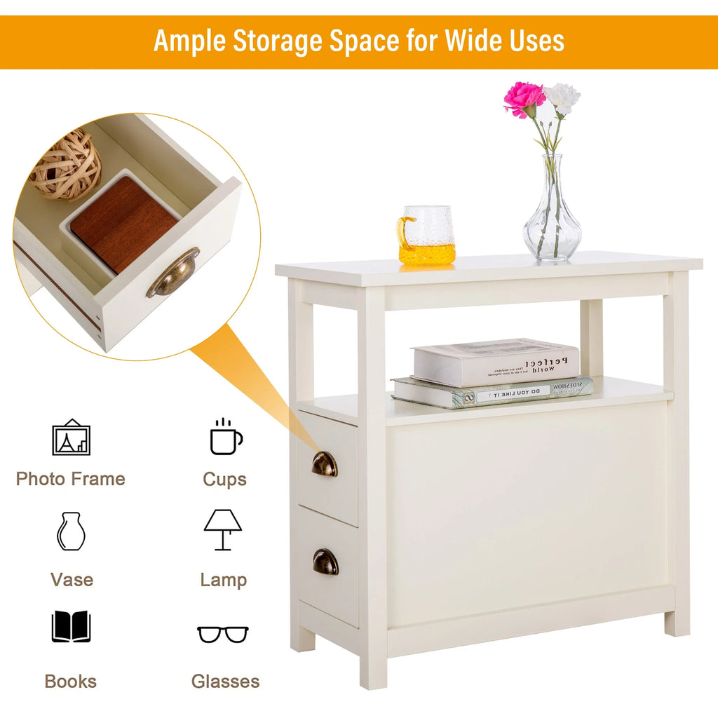 Alpha Joy Narrow End Table 4-Tier Small Side Table with 2 Drawers Nightstand Side Table Bedside Table Sofa Table, White, 2PCs