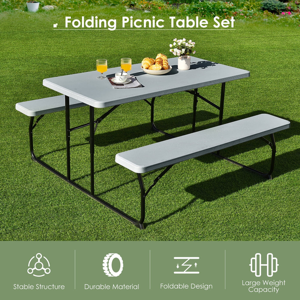 Costway Indoor & Outdoor Folding Picnic Table Bench Set w/ Wood-like Texture Grey