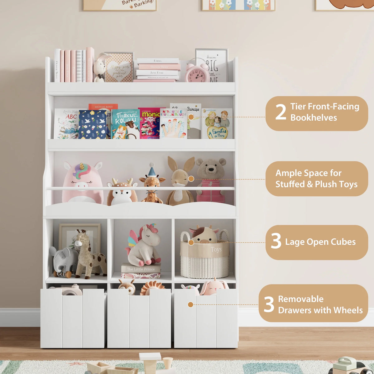 Homfa 55.5�� H Kids Bookshelf with 2-Tier Book Shelves, Children Toy Organizer with 3 Cubes and Removable Drawers, White