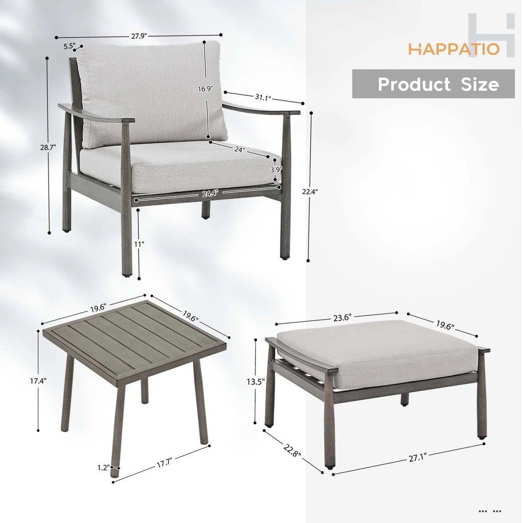 HAPPATIO Aluminum Outdoor Furniture Set - 5 Pieces Patio Furniture Set Includes 1 Side Table, 2 Swivel Chairs and 2 Ottomans with Thick Cushion, Patio Conversation Set for Backyard Poolside (Grey)