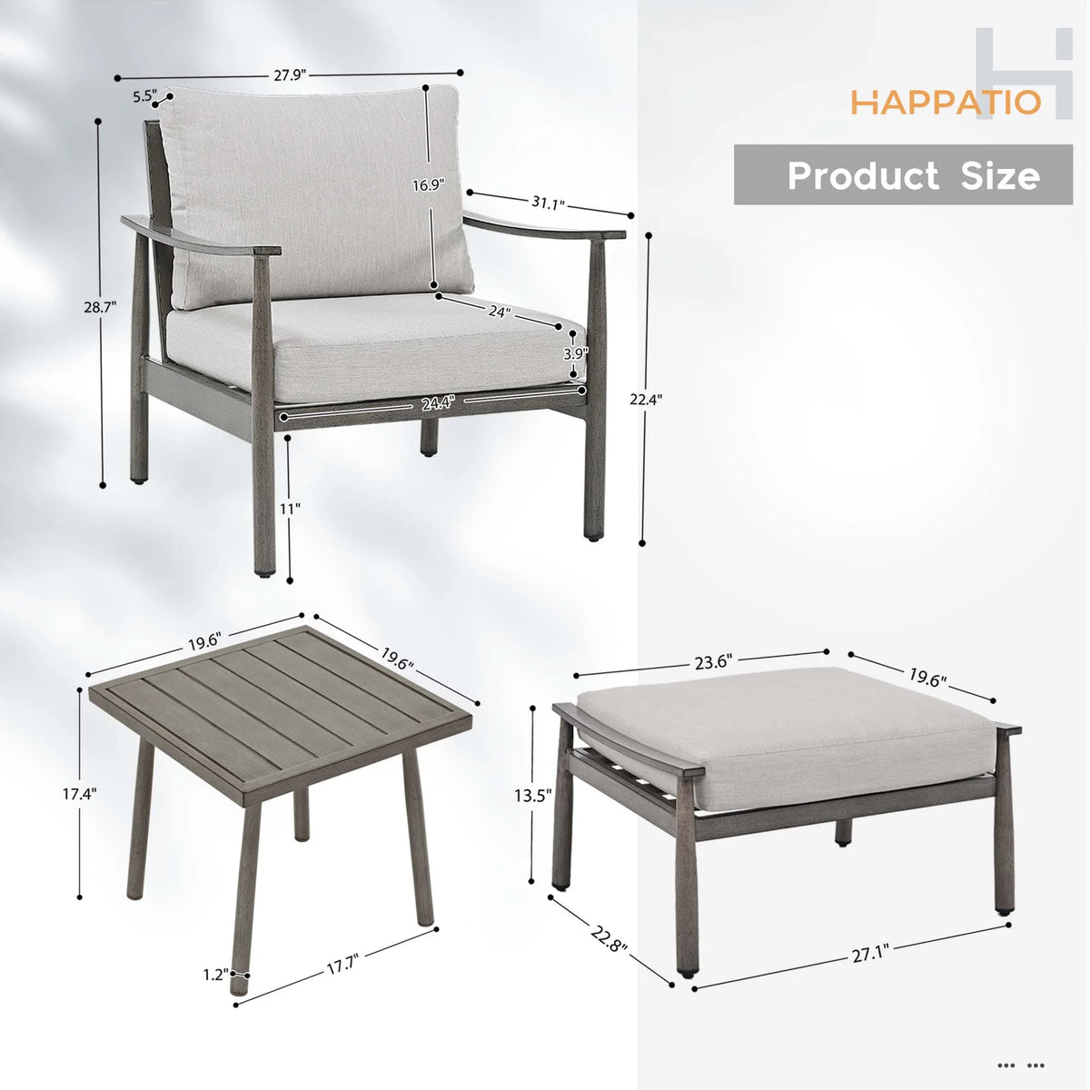 HAPPATIO Aluminum Outdoor Furniture Set - 5 Pieces Patio Furniture Set Includes 1 Side Table, 2 Swivel Chairs and 2 Ottomans with Thick Cushion, Patio Conversation Set for Backyard Poolside (Grey)
