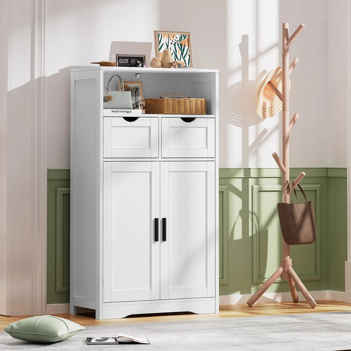 FANGSUM Rattan Storage Cabinet with 2 Drawers & 2 Shelves, Floor Cabinet for Living Room