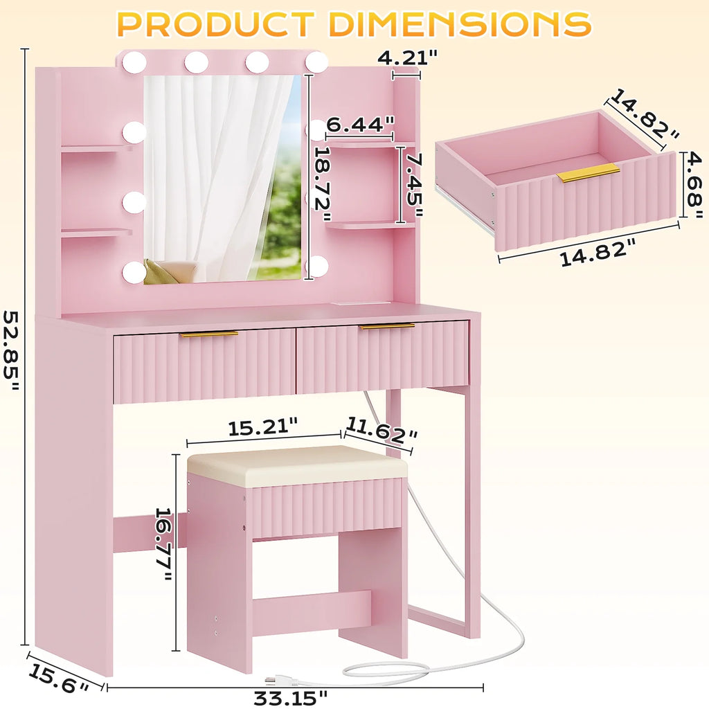 Ktaxon Lighted Makeup Vanity, White Vanity Table Set with 2 Drawer and Charging Station, Femal Gift