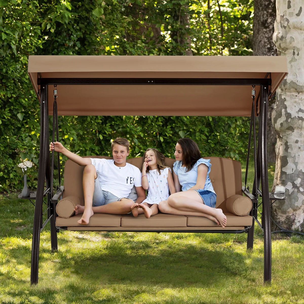 Homrest 3 Person Patio Outdoor Porch Swing with Adjustable Canopy, Backrest, Swing Bed with Stand for Garden,Deck
