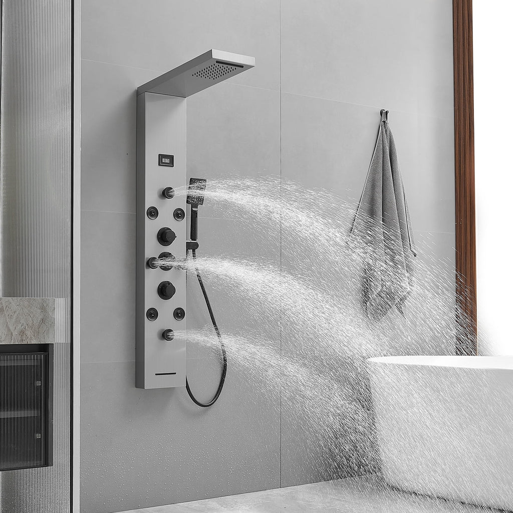 8-Jet Rainfall Shower Panel System with Rainfall Waterfall Shower Head and Shower Wand in chrome Nickel