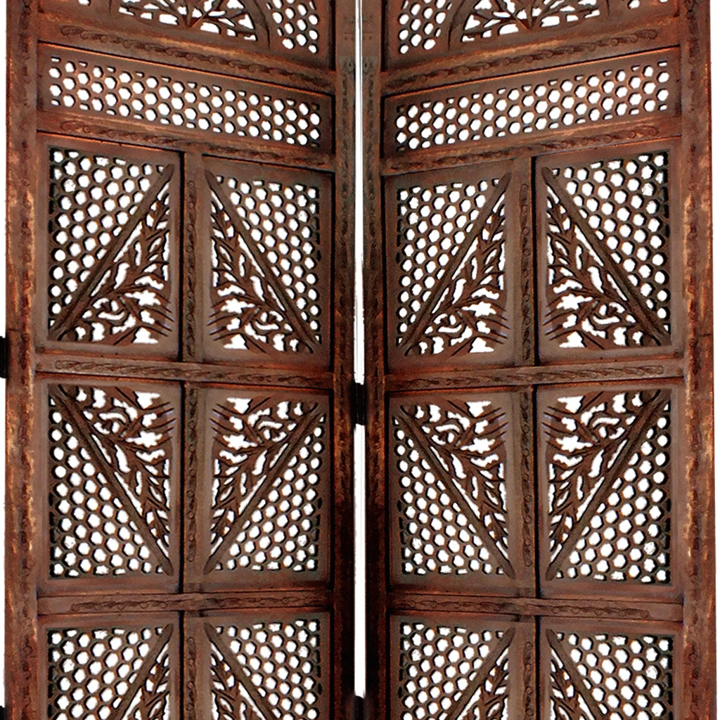 Four Panel Wooden Room Divider with Hand Carved Details in Antique Brown