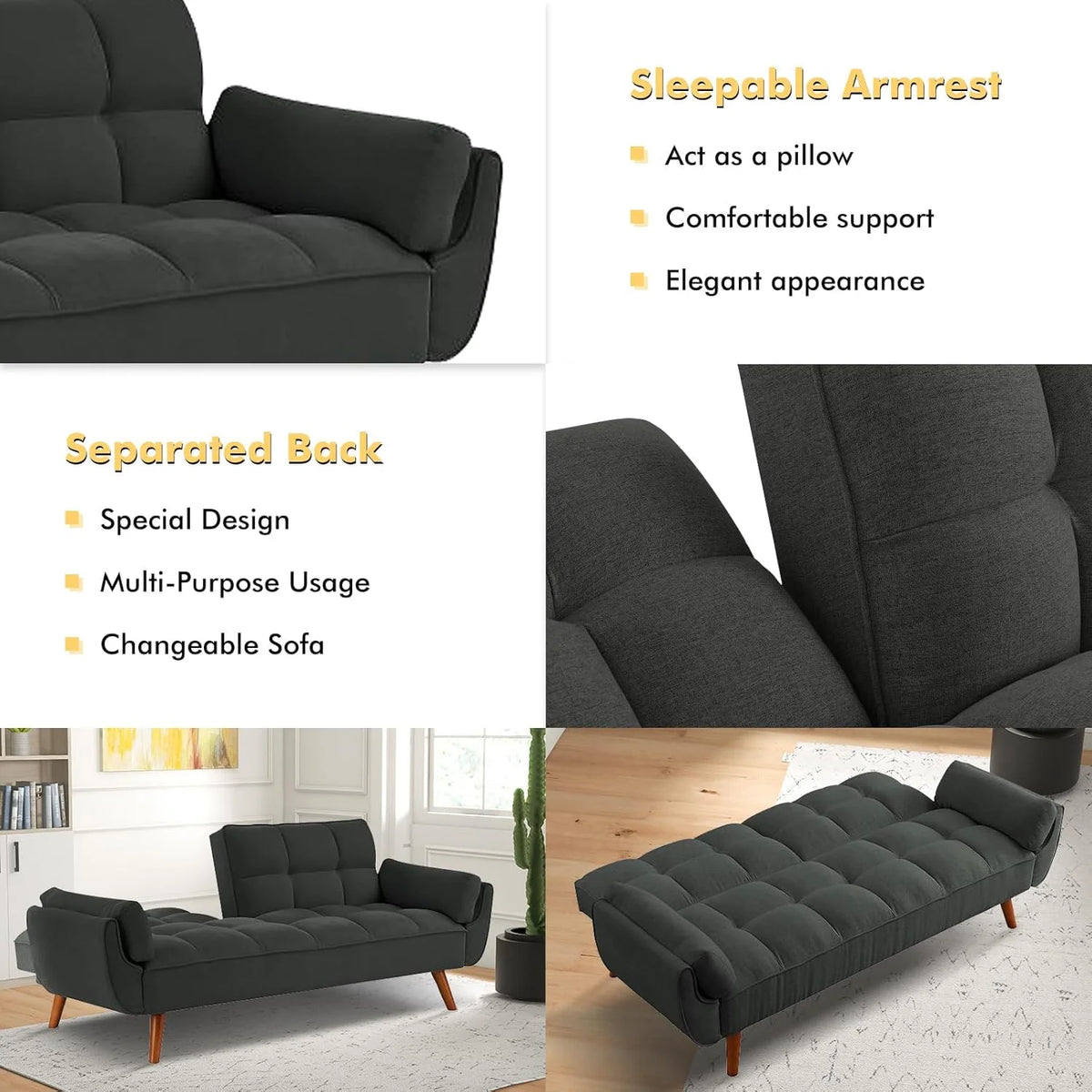 Mydepot Convertible Futon Sofa Bed, Adjustable Couch Sleeper Modern Fabric Recliner Reversible Loveseat Folding Daybed Guest Bed, Armrests, Yellow