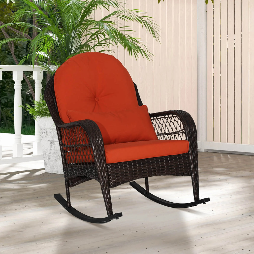 Costway Patio Wicker Rocking Chair W/Seat Back Cushions & Lumbar Pillow Porch Off White