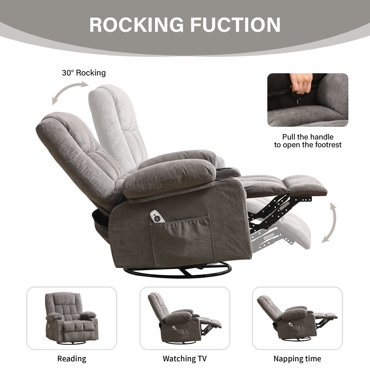 JONPONY Massage Swivel Rocker Recliner Chair with Vibration Massage and Heat Ergonomic Lounge Chair for Living Room with Rocking Function and Side Pocket, 2 Cup Holders, USB Charge Port,Grey