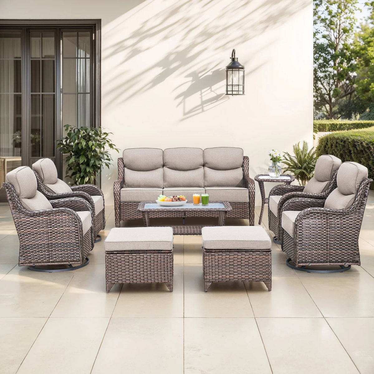 Bellefurn Luxury Outdoor Patio Furniture Set,Swivel Rocker Patio Chairs with 6-inch Thick Cushion,Patio Sofa and Glass Coffee Table,Outdoor Conversation Set for Porch, Deck, Yard