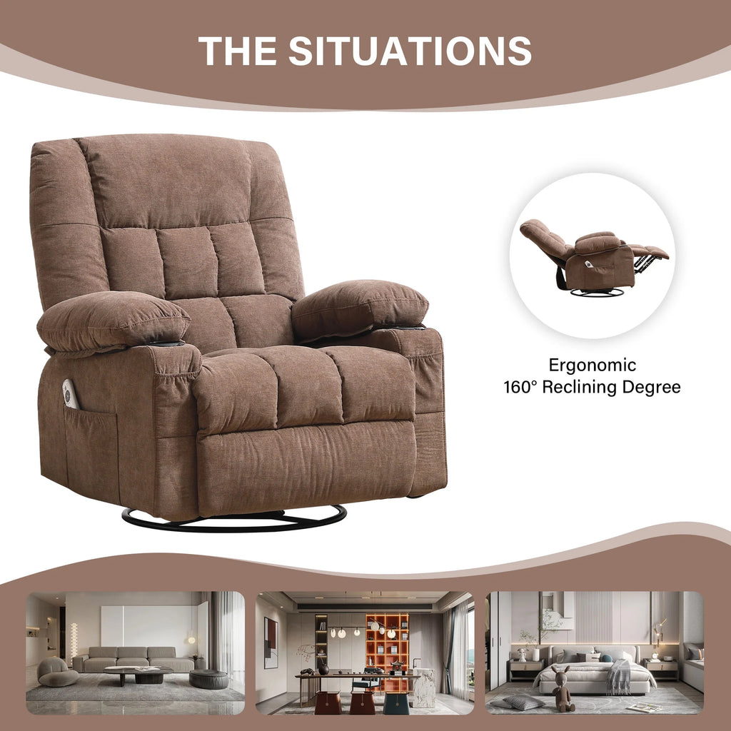 JONPONY Massage Swivel Rocker Recliner Chair with Vibration Massage and Heat Ergonomic Lounge Chair for Living Room with Rocking Function and Side Pocket, 2 Cup Holders, USB Charge Port,Grey