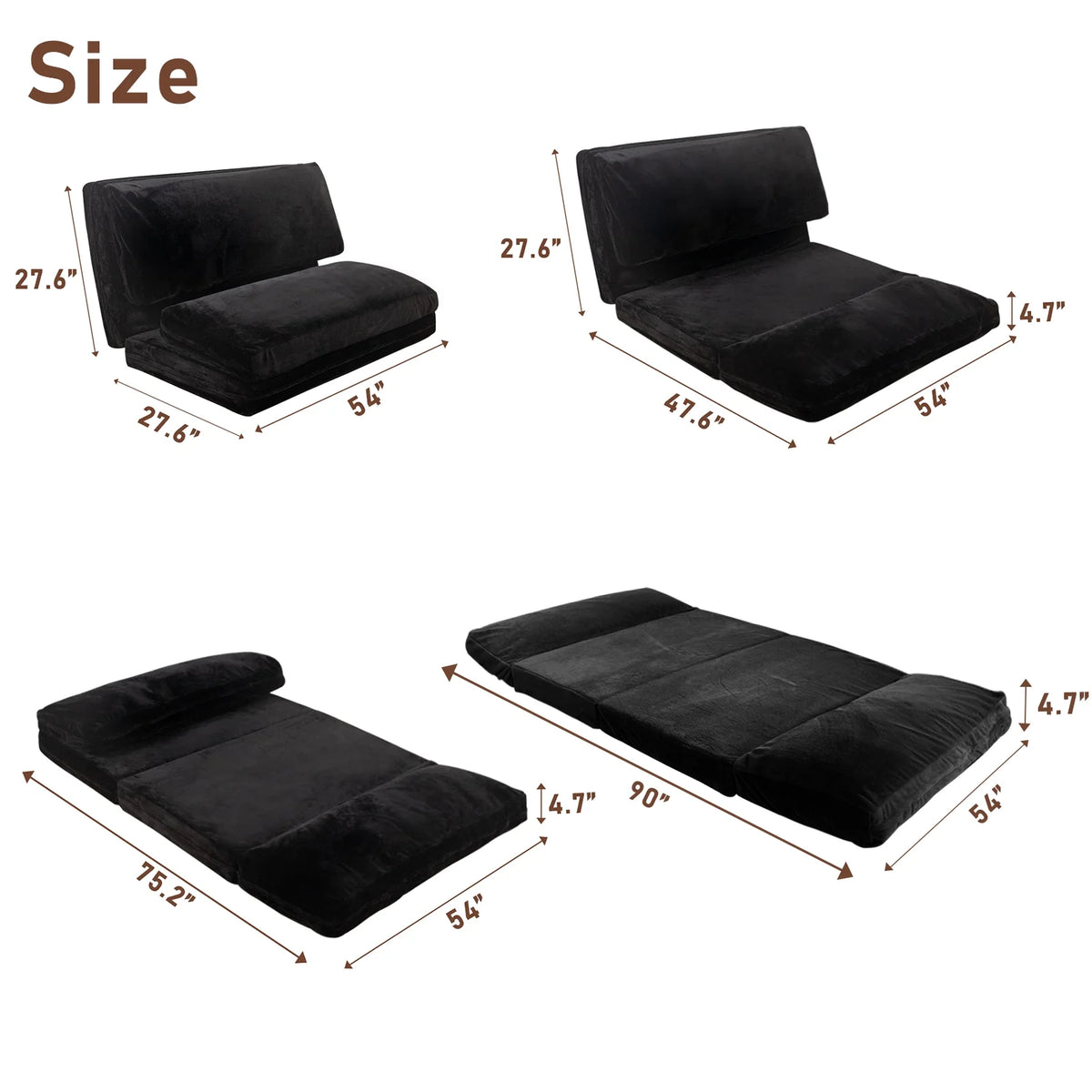 Folding Sofa Bed,Extra Thick and Long Fluffy 4 Position Convertible Flip Lounge Chair,Foam Filling Folding Matress Sofa Bean Bag with Washable Cover,Grey,39x95 Inch