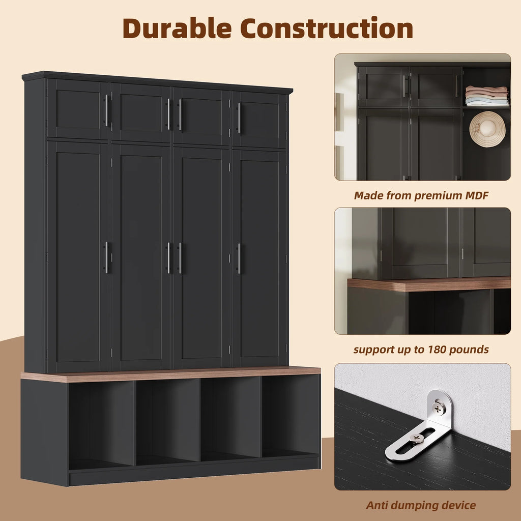 Euroco Entryway Hall Tree with Bench, Shoe Storage, Coat Hooks & Cabinets �C Walnut Finish, Anti-Tip Design, Modern Mudroom Organizer