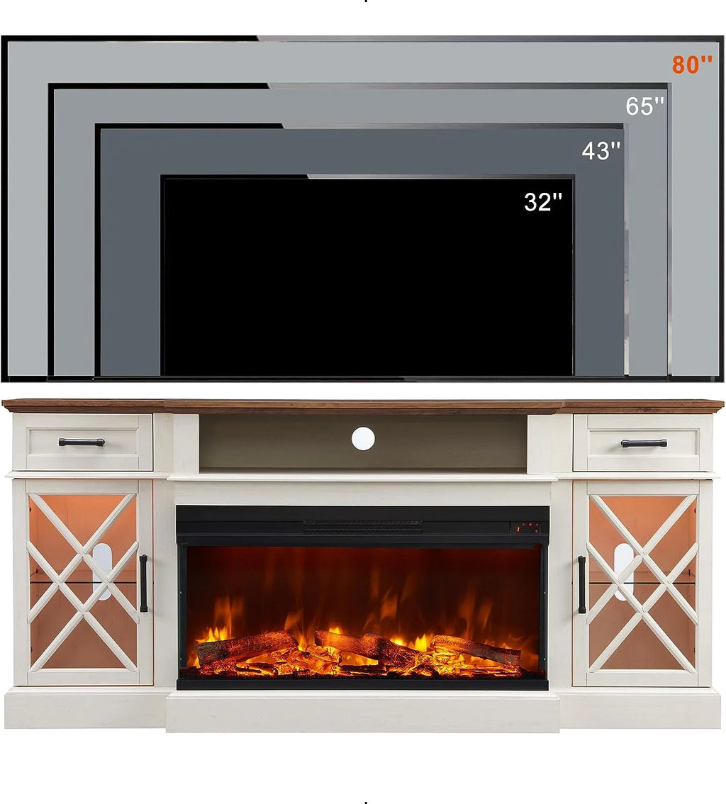 OKD Farmhouse 3-Sided Fireplace TV Stand for 80" TVs, 70" Entertainment Center with Electric Fireplace and Storage Drawers, Antique White