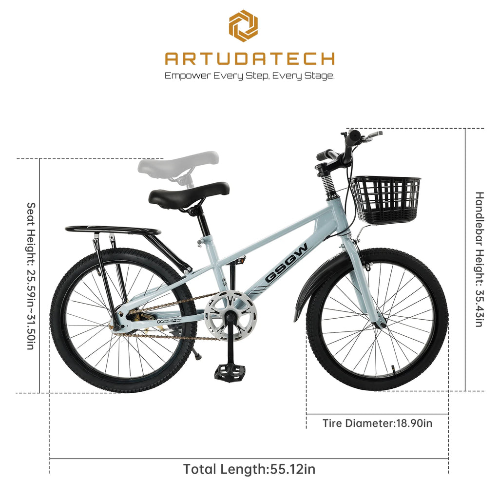 ARTUDATECH Kids Bike Girls  Boys 20 Inch Children's Bicycle with Basket for Age 6-12 Years old  with Air Pump and Bike bag