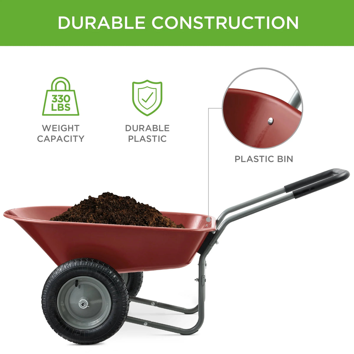 Best Choice Products Dual-Wheel Home Wheelbarrow Yard Garden Cart for Lawn, Construction - Green