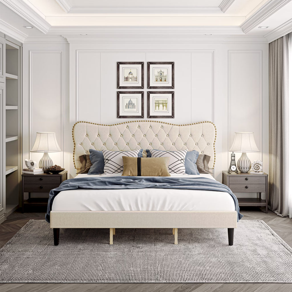 Homhougo King Size Bed Frame Upholstered Platform, Bed Frame with Square Velvet Headboard, Wooden Slats Support, Non-Slip and Noise-Free, No Box Spring Needed, Easy Assembly(Light Gray)