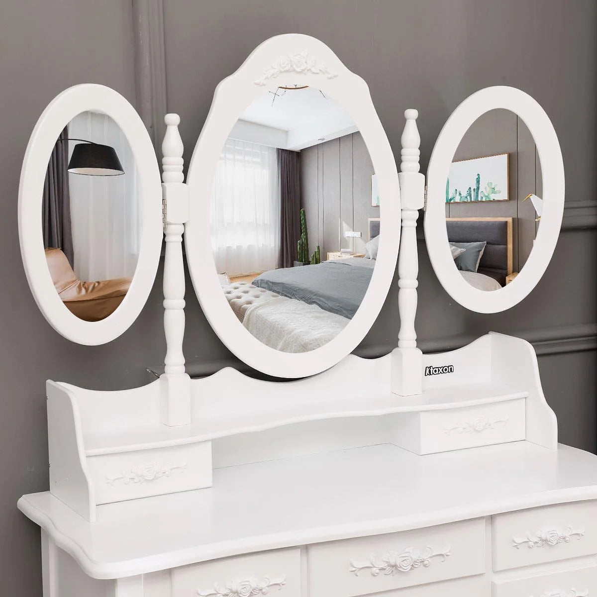 Ktaxon Vanity Set,Flip-top Mirror Dressing Table Makeup Vanity Table Writing Desk with 2 Drawers and Stool, White