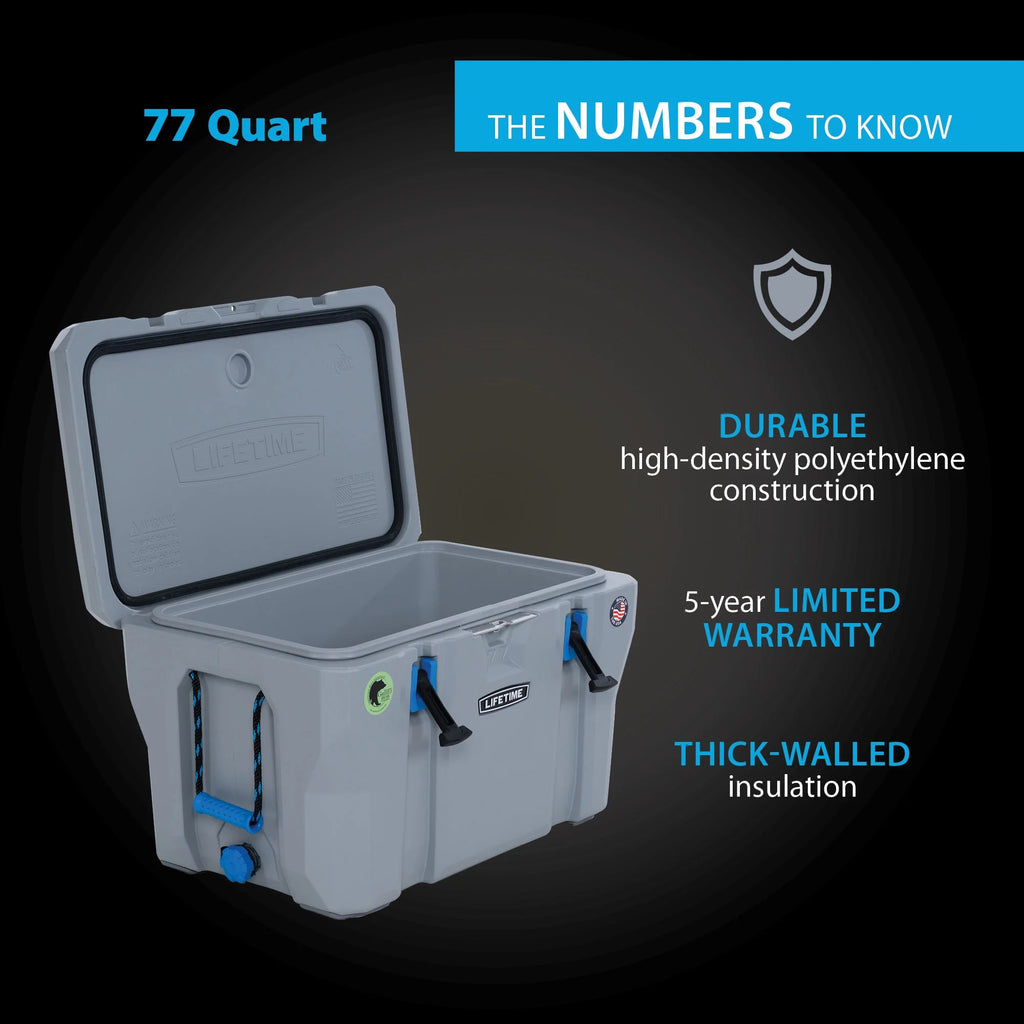 Lifetime 77 qt Bear-Resistant Camping Cooler, Premium High Performance, Ice Retention, Hard Cooler, 96 Can Capacity, Light Gray (90903)