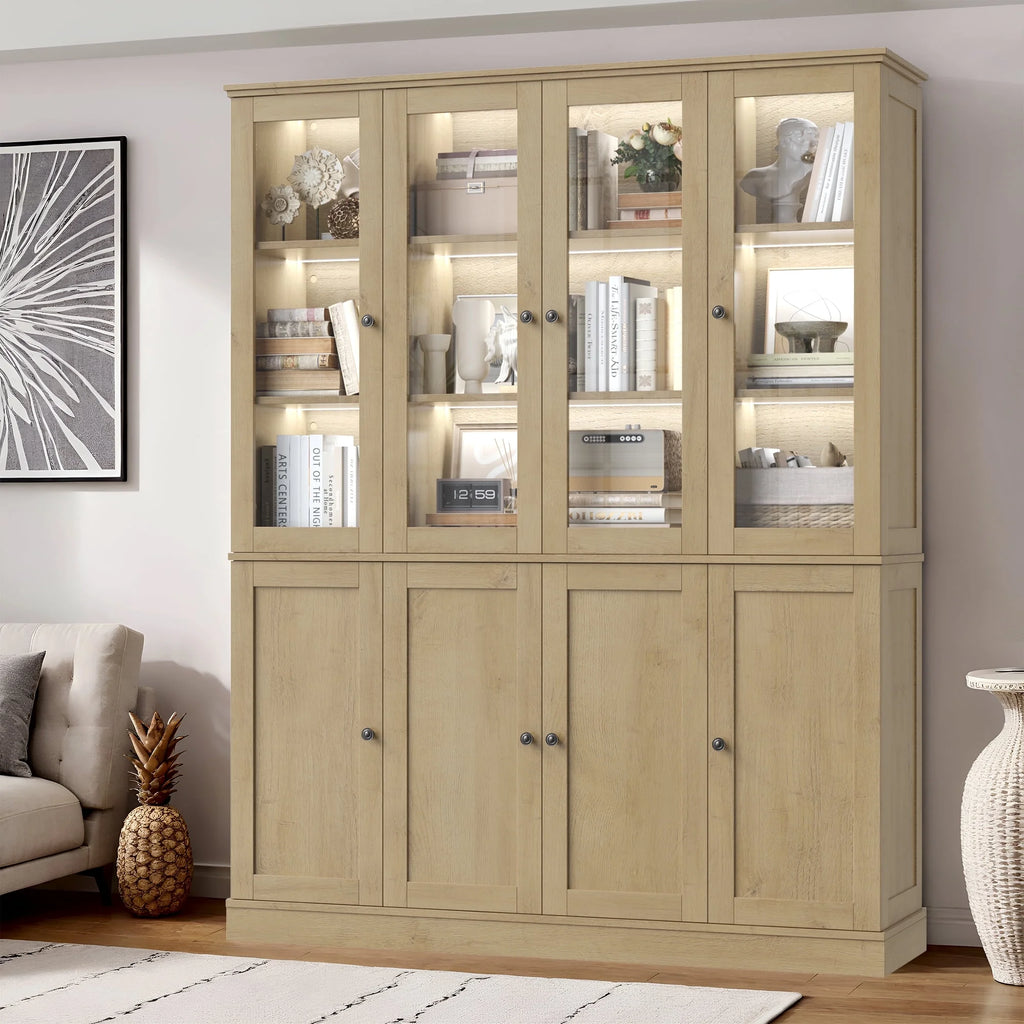 Homfa Kitchen Pantry Cabinet with Glass Doors, 74���� Tall Display Cabinets with LED & Adjustable Shelves for Living Room Office, White