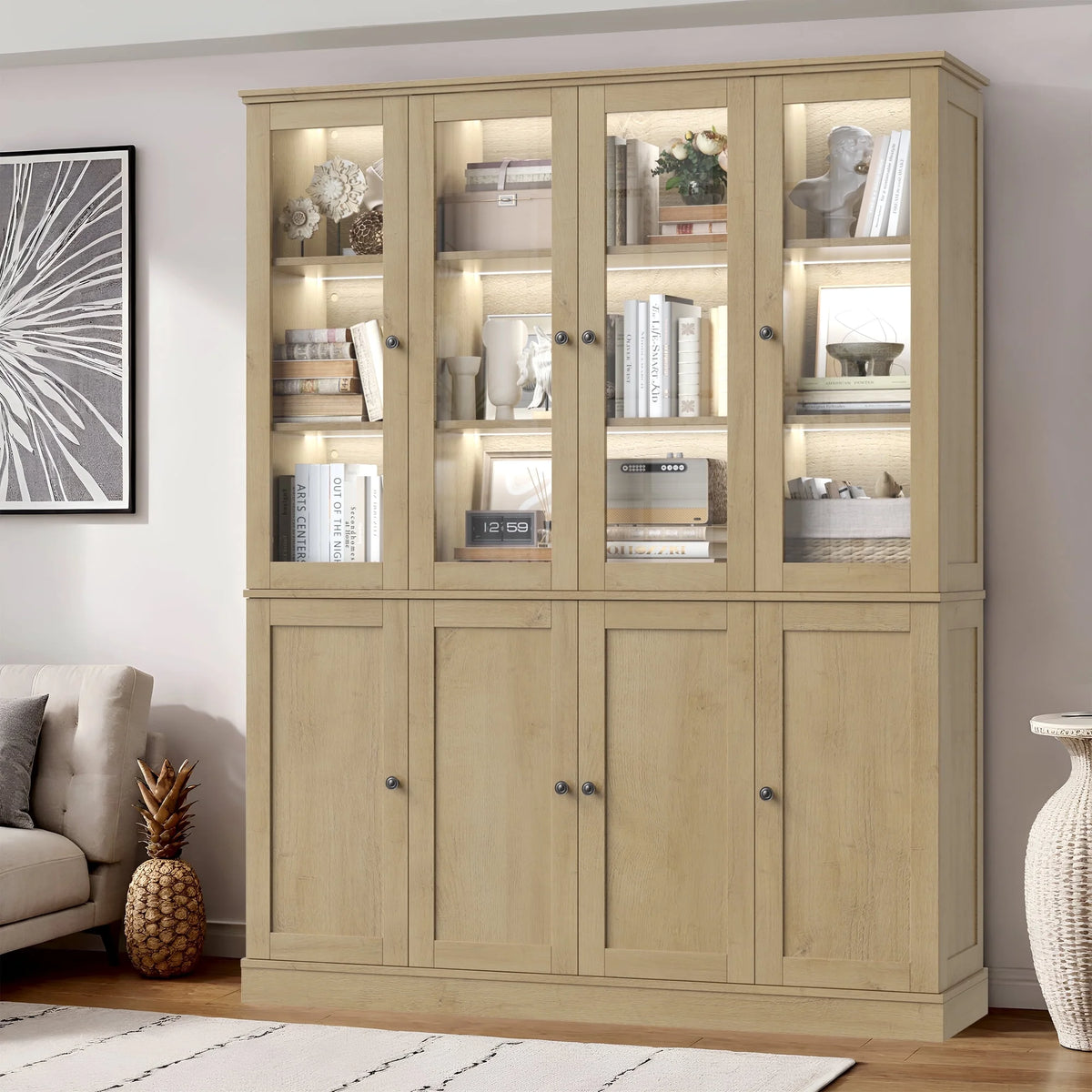 Homfa Kitchen Pantry Cabinet with Glass Doors, 74���� Tall Display Cabinets with LED & Adjustable Shelves for Living Room Office, White